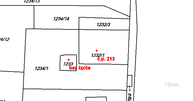 Dolní Žukov 213, Český Těšín na parcele st. 1232/1 v KÚ Dolní Žukov, Katastrální mapa