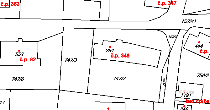 Hanušovice 349 na parcele st. 264 v KÚ Hanušovice, Katastrální mapa