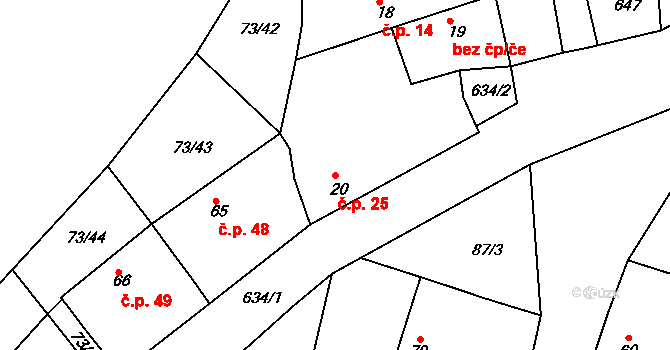 Byškovice 25, Neratovice na parcele st. 20 v KÚ Byškovice, Katastrální mapa