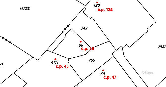 Tuhaň 46 na parcele st. 68 v KÚ Tuhaň, Katastrální mapa