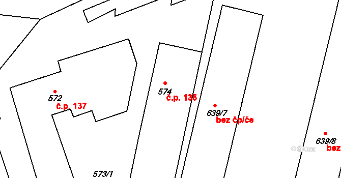 Kozolupy 135 na parcele st. 574 v KÚ Kozolupy u Plzně, Katastrální mapa