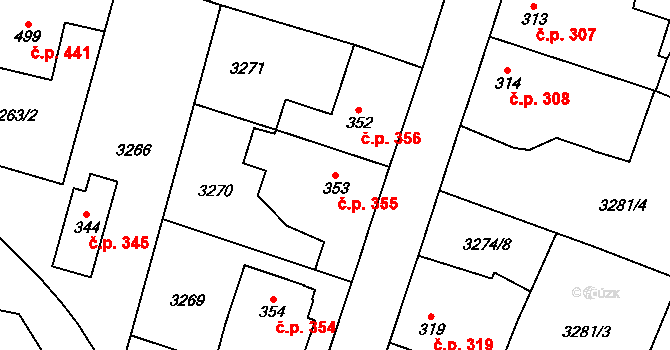 Lysice 355 na parcele st. 353 v KÚ Lysice, Katastrální mapa