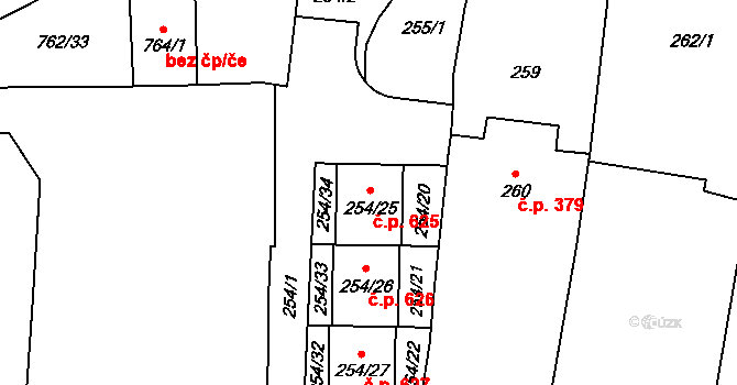 Zruč 625, Zruč-Senec na parcele st. 254/25 v KÚ Zruč, Katastrální mapa