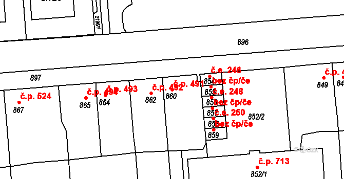 Podbořany 491 na parcele st. 860 v KÚ Podbořany, Katastrální mapa