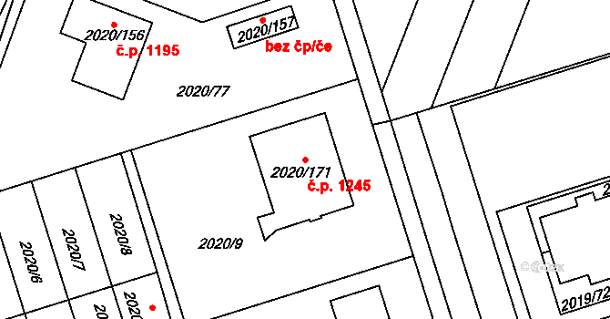 Holice 1245 na parcele st. 2020/171 v KÚ Holice v Čechách, Katastrální mapa