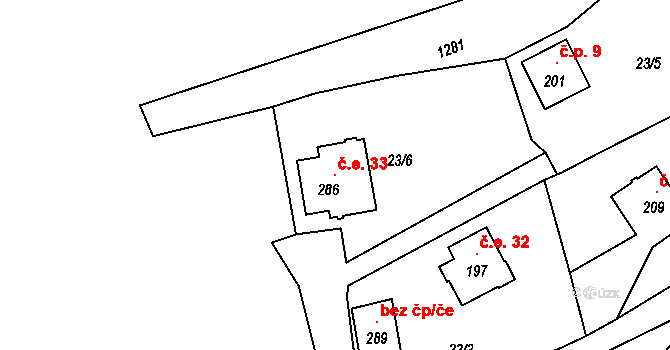 Malešín 33, Řehenice na parcele st. 286 v KÚ Malešín, Katastrální mapa