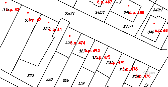 Drnholec 472 na parcele st. 327 v KÚ Drnholec, Katastrální mapa