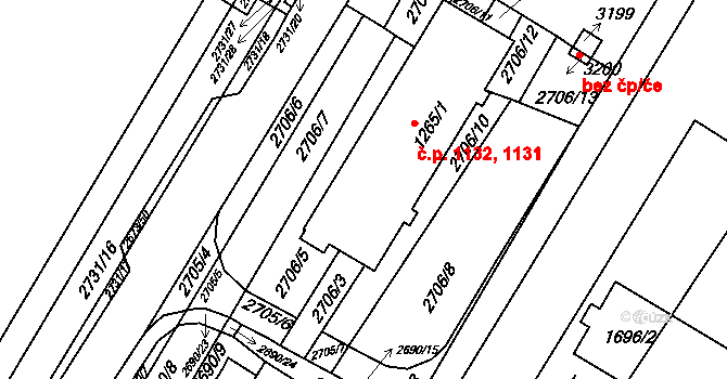 Bystřice pod Hostýnem 1131,1132 na parcele st. 1265/1 v KÚ Bystřice pod Hostýnem, Katastrální mapa