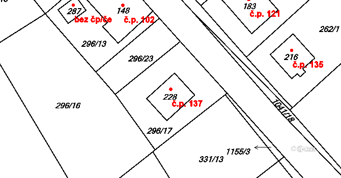 Hvozd 137 na parcele st. 228 v KÚ Hvozd u Konice, Katastrální mapa