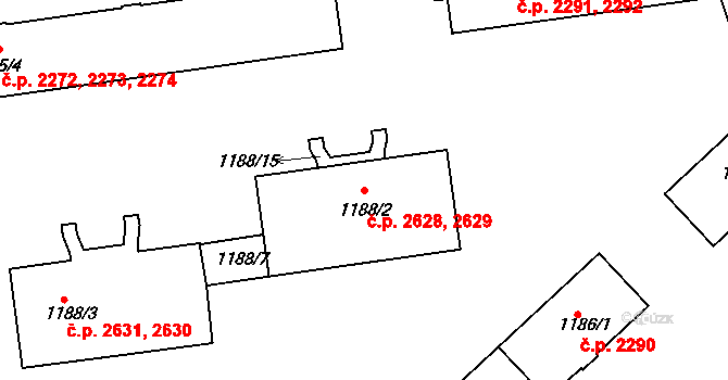 Znojmo 2628,2629 na parcele st. 1188/2 v KÚ Znojmo-město, Katastrální mapa