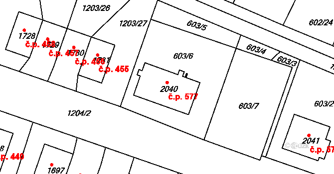 Telč-Staré Město 577, Telč na parcele st. 2040 v KÚ Telč, Katastrální mapa