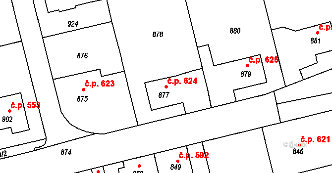 Libušín 624 na parcele st. 877 v KÚ Libušín, Katastrální mapa
