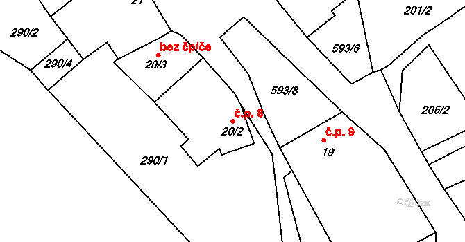 Drunče 8 na parcele st. 20/2 v KÚ Drunče, Katastrální mapa