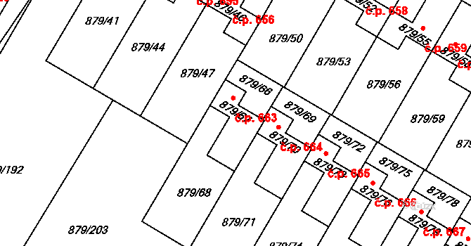 Kosmonosy 663 na parcele st. 879/67 v KÚ Kosmonosy, Katastrální mapa