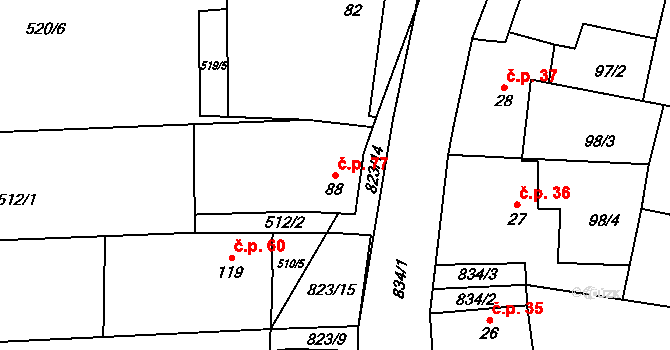 Loučka 77 na parcele st. 88 v KÚ Loučka u Bílska, Katastrální mapa