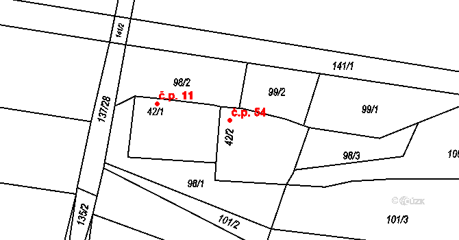 Olešnice 54, Bouzov na parcele st. 42/2 v KÚ Olešnice u Bouzova, Katastrální mapa