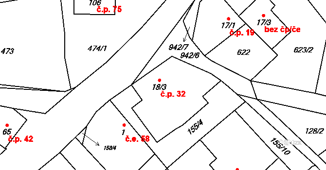 Střížov 32 na parcele st. 18/3 v KÚ Střížov nad Malší, Katastrální mapa