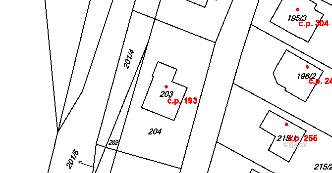 Hrachovec 193, Valašské Meziříčí na parcele st. 203 v KÚ Hrachovec, Katastrální mapa