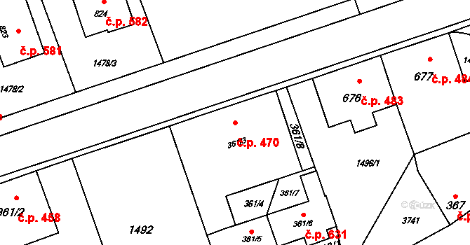Rožnov pod Radhoštěm 470 na parcele st. 361/3 v KÚ Rožnov pod Radhoštěm, Katastrální mapa