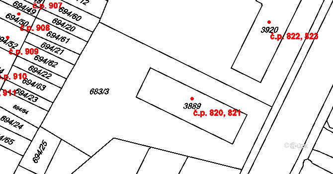 Žamberk 820,821 na parcele st. 3889 v KÚ Žamberk, Katastrální mapa