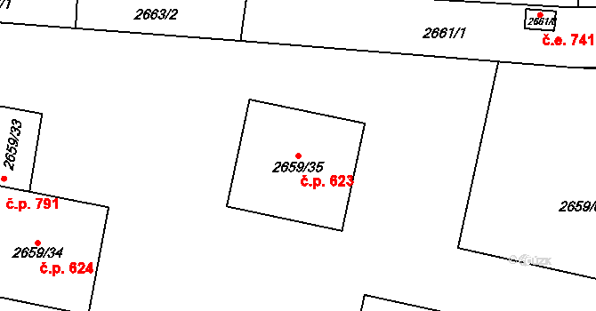 Jundrov 623, Brno na parcele st. 2659/35 v KÚ Jundrov, Katastrální mapa