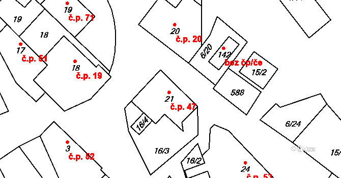 Kulířov 47 na parcele st. 21 v KÚ Kulířov, Katastrální mapa