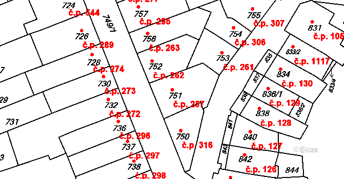 Komín 257, Brno na parcele st. 751 v KÚ Komín, Katastrální mapa