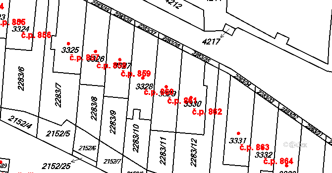 Komín 861, Brno na parcele st. 3329 v KÚ Komín, Katastrální mapa