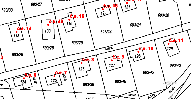 Třeskonice 9, Tuchořice na parcele st. 127 v KÚ Třeskonice, Katastrální mapa