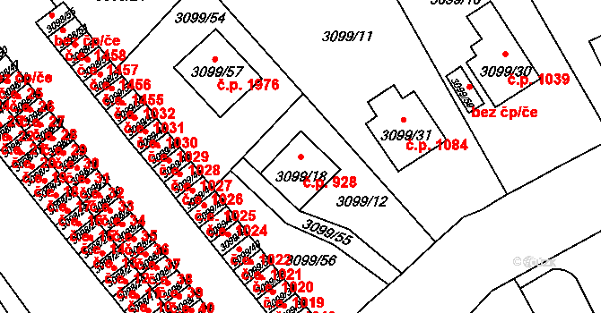 Pelhřimov 928 na parcele st. 3099/18 v KÚ Pelhřimov, Katastrální mapa