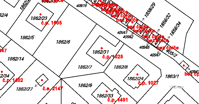 Radotín 1025, Praha na parcele st. 1862/31 v KÚ Radotín, Katastrální mapa