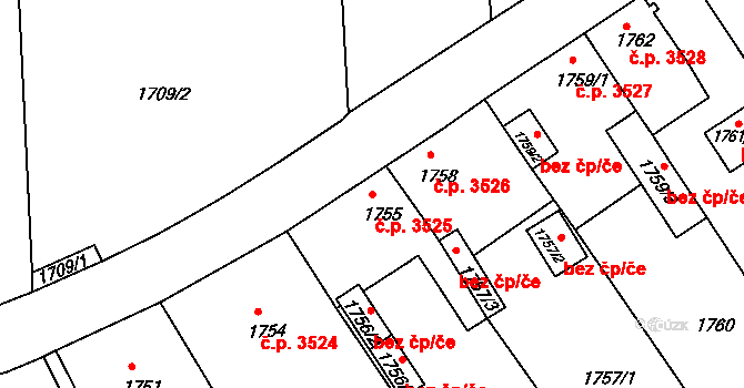 Chomutov 3525 na parcele st. 1755/3 v KÚ Chomutov II, Katastrální mapa
