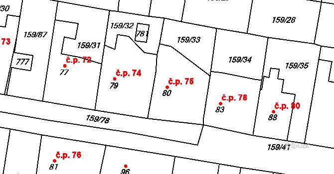 Březhrad 75, Hradec Králové na parcele st. 80 v KÚ Březhrad, Katastrální mapa