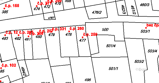 Podolí 259 na parcele st. 477 v KÚ Podolí u Brna, Katastrální mapa