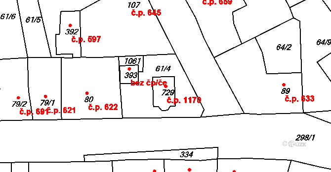 Rudná 1170 na parcele st. 729 v KÚ Hořelice, Katastrální mapa