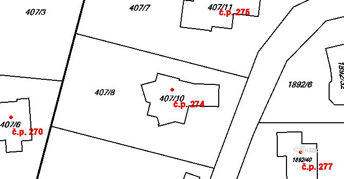 Horní Jasenka 274, Vsetín na parcele st. 407/10 v KÚ Jasenka, Katastrální mapa