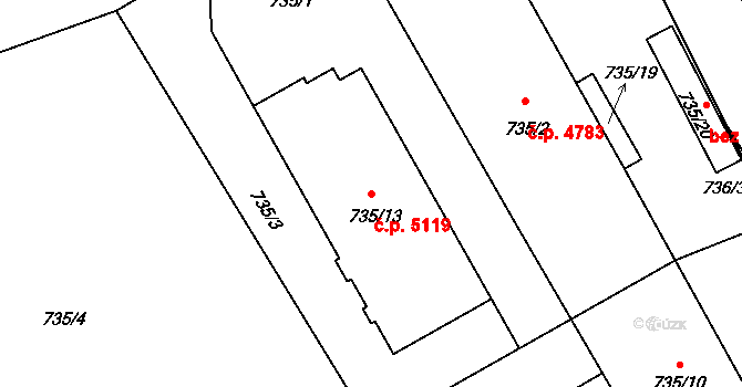 Rýnovice 5119, Jablonec nad Nisou na parcele st. 735/13 v KÚ Rýnovice, Katastrální mapa