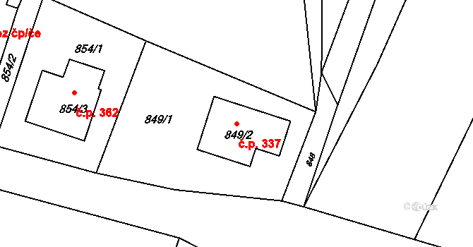 Hustopeče nad Bečvou 337 na parcele st. 849/2 v KÚ Hustopeče nad Bečvou, Katastrální mapa