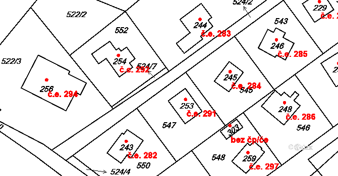 Telnice 291 na parcele st. 253 v KÚ Telnice, Katastrální mapa