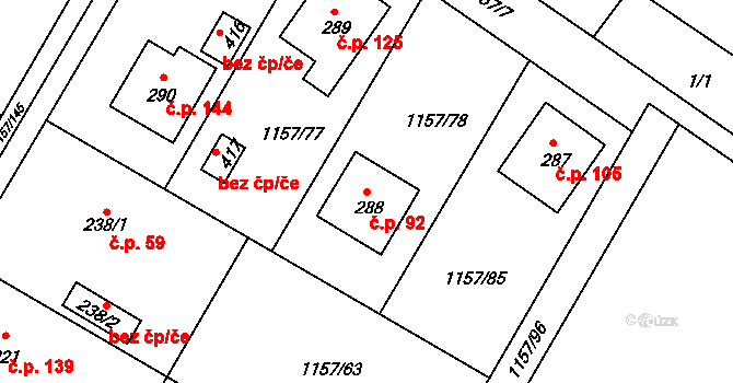 Hrabyně 92 na parcele st. 288 v KÚ Hrabyně, Katastrální mapa