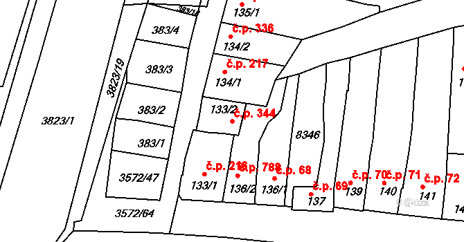 Ostrožské Předměstí 344, Uherský Ostroh na parcele st. 133/2 v KÚ Ostrožské Předměstí, Katastrální mapa