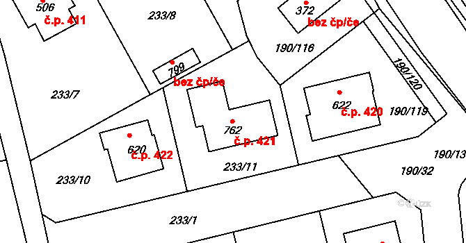 Nechanice 421 na parcele st. 762 v KÚ Nechanice, Katastrální mapa