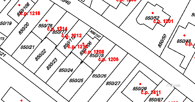 Mohelnice 1206 na parcele st. 850/78 v KÚ Mohelnice, Katastrální mapa