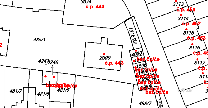 Horní Brána 443, Český Krumlov na parcele st. 2000 v KÚ Český Krumlov, Katastrální mapa