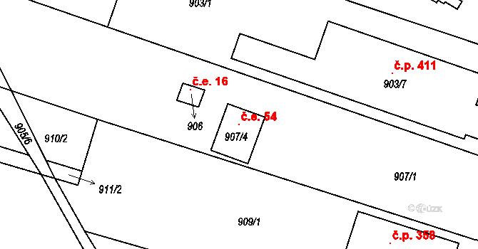 Lipůvka 54 na parcele st. 907/4 v KÚ Lipůvka, Katastrální mapa