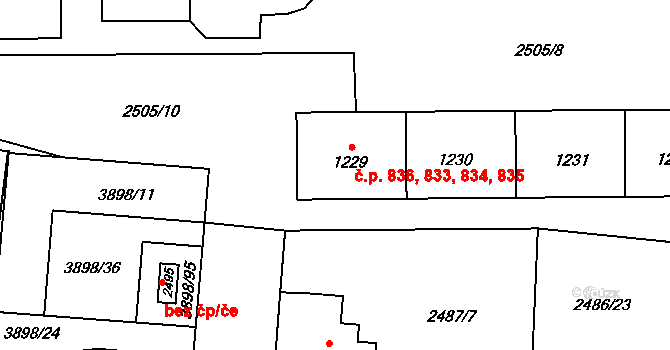 Dobřany 833,834,835,836 na parcele st. 1229 v KÚ Dobřany, Katastrální mapa