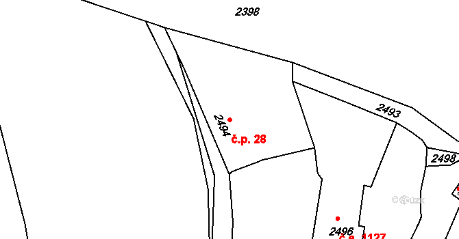 Dubina 28, Zruč nad Sázavou na parcele st. 2494 v KÚ Zruč nad Sázavou, Katastrální mapa