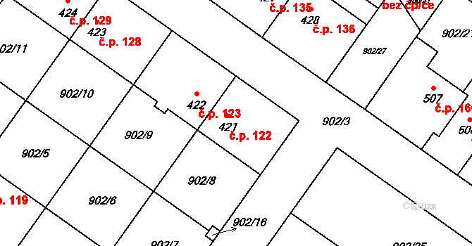 Pchery 122 na parcele st. 421 v KÚ Pchery, Katastrální mapa