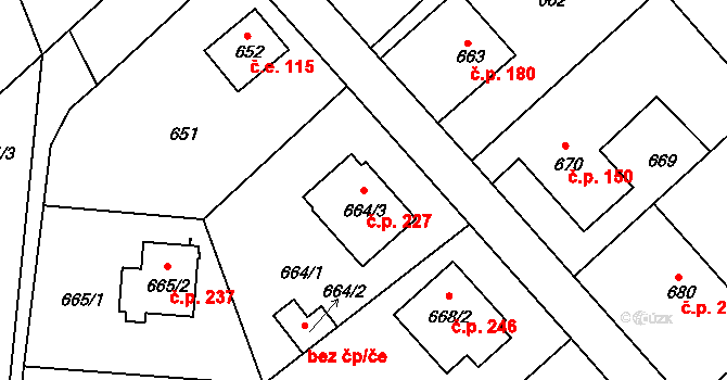 Strkov 227, Planá nad Lužnicí na parcele st. 664/3 v KÚ Planá nad Lužnicí, Katastrální mapa