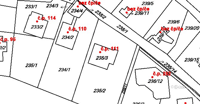 Roudné 111 na parcele st. 235/3 v KÚ Roudné, Katastrální mapa